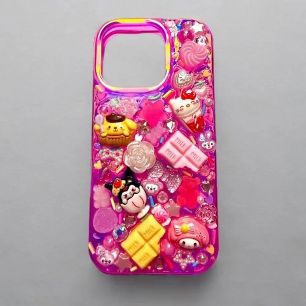 Decoden Junk Style Phone Case, iPhone 16 PRO Handmade Sanrio Theme Hot Pink